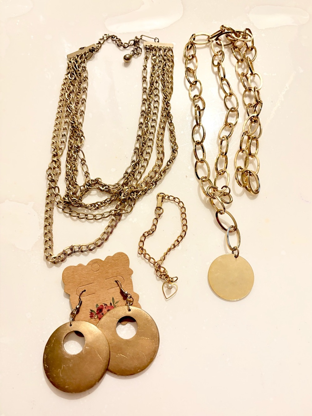 Gold-Tone Layered Necklace Set of 2 with Disc Pendant, Hoop Earrings & Bracelet